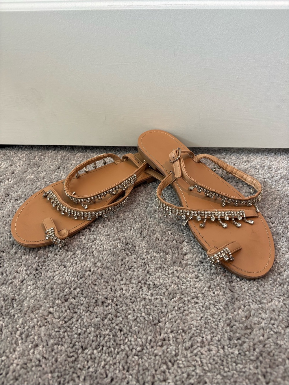 Beaded Tan Women's T-Strap Sandals